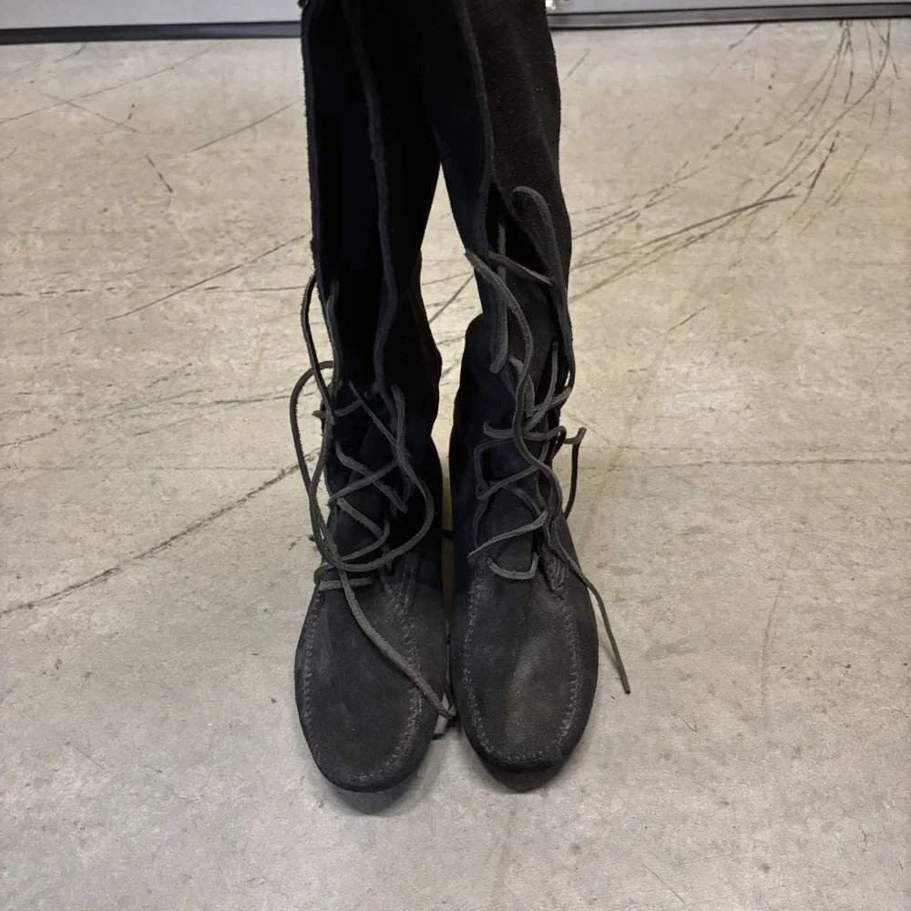 Minnetonka Front Lace Knee High Boots Men's 10 Black 1929 Renfaire Festival